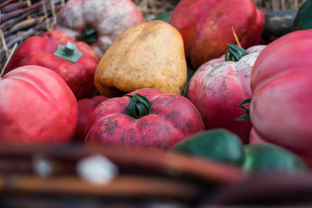 新鲜和成熟的自制保加利亚甜辣椒, 黄色, 橙色, 红色和绿色和粉红色的