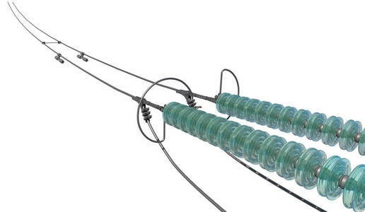 3d. 插图支持电线绝缘子。电力网络细节特写。从侧面的顶部视图。3d 建模