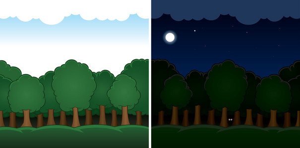 森林黑夜矢量卡通森林景观白天和黑夜照片