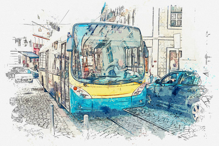 水彩素描或插图。里斯本。公共汽车绕着城市转