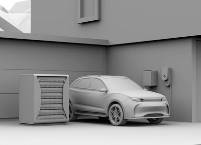 汽车车库中电动汽车充电的粘土渲染。充电站由重复使用的 Ev 电池供电。3d 渲染图像