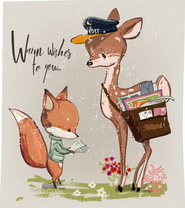 可爱的小鹿和狐狸与信件