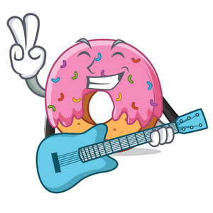 配有吉他甜甜圈吉祥物卡通风格
