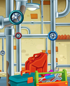 卡通场景用不同的工具在地下室框架为文本白色背景孩子的例证照片