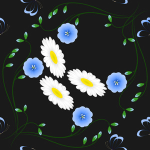 花蓝色亚麻和雏菊与蝴蝶, 无缝图案