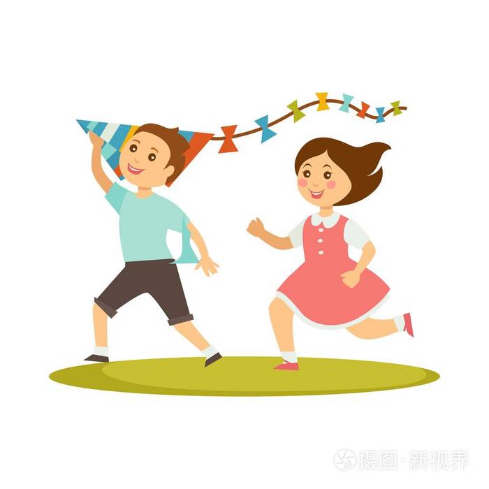孩子们玩玩具.矢量卡通男孩和女孩跑户外快乐的