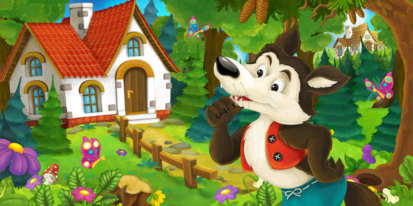 卡通场景与滑稽的周到的狼站在农场的房子附近