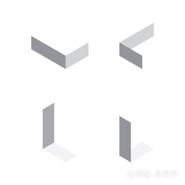 矢量等距字母l在各种透视视图中边缘轮廓字母表