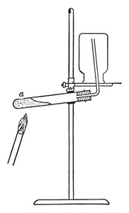 测试管加塞并连接到倒烧杯, 将用于收集由加热的元素, 复古线条画或雕刻插图生成的气体