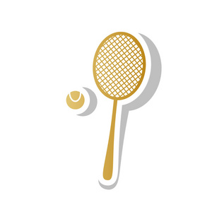 网球球拍与球标志。向量。金色渐变图标随以