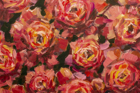 画花画布背景油画特写花。大红紫罗兰花玫瑰牡丹特写在画布上。现代印象派。Impasto 艺术品