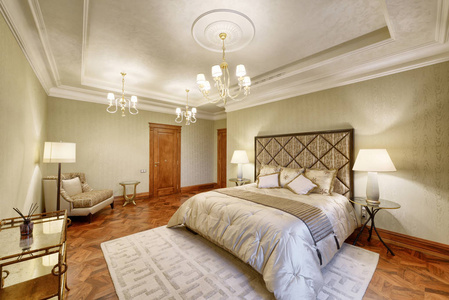 设计师现代装修的豪华住宅.时尚卧室内带双人床照片