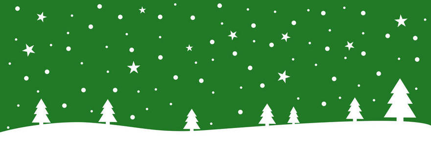绿色圣诞节背景与冬天风景, 星星和雪花