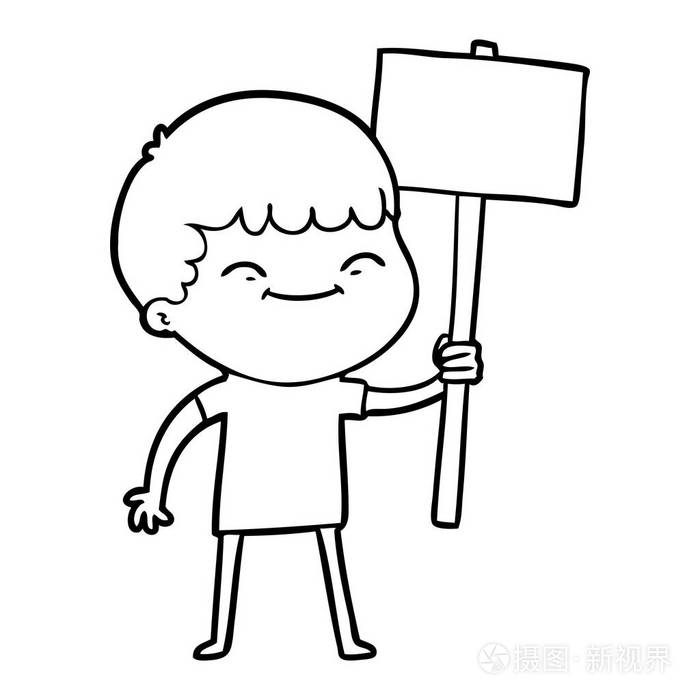 卡通微笑男孩与标语牌插画-正版商用图片06v7tb-摄图新视界