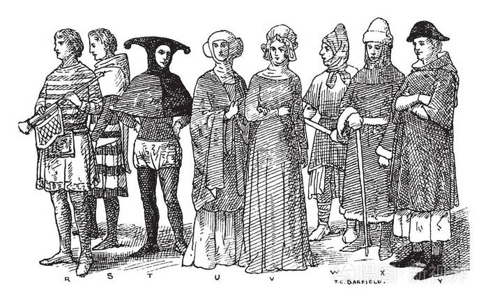 这个插图代表英格兰第十四世纪中世纪时尚, 复古线条画或雕刻插图插画