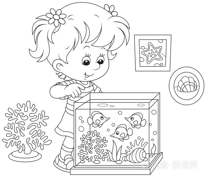 女孩望着水族鱼插画-正版商用图片06vb9q-摄图新视界