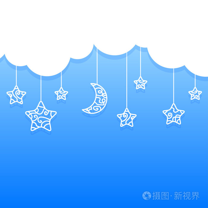 蓝色背景与云层和挂月亮, 星星