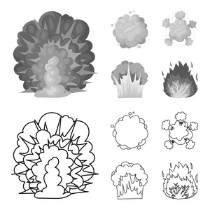 火焰, 火花, 氢气碎片, 原子或气体爆炸。爆炸集合图标的轮廓, 单色风格矢量符号股票插画网站
