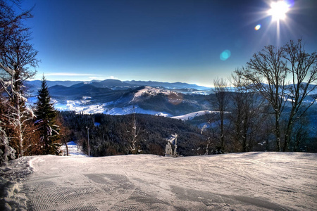 Bukovel 阳光明媚的冬日。乌克兰喀尔巴阡山