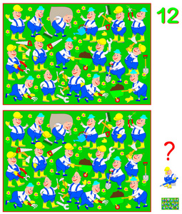 儿童和成人的逻辑益智游戏。需要找到12的差异。发展计算技能。矢量卡通图像