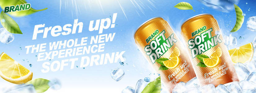 在3d 插图中使用冰块和飞绿树叶刷新软饮料横幅广告