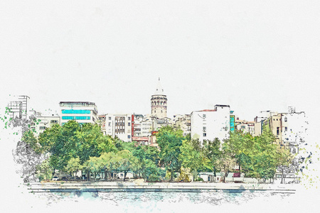 伊斯坦布尔传统建筑美景的水彩素描或插图