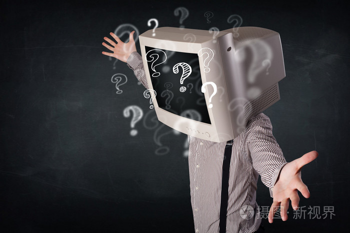 商人与计算机监视器头和问号