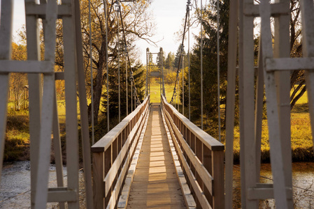 秋季景观背景下的绳索悬索桥
