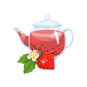 天然草本茶在玻璃透明茶壶与新鲜薄荷和草莓矢量插图照片