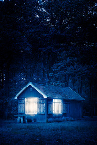 夜间森林小屋