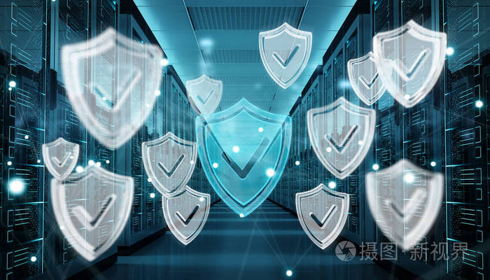 在服务器房间数据中心 3d 渲染上激活防火墙