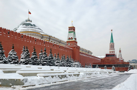 莫斯科克里姆林宫的冬观与俄罗斯莫斯科红场上的列宁陵墓