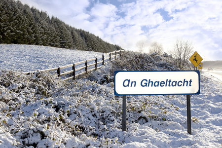 在爱尔兰雪景 ghaeltacht 标志