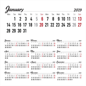 日历。2019日历。矢量打印模板