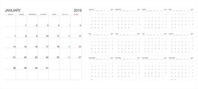 日历。2019日历。矢量打印模板