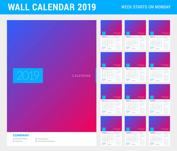 2019年的挂历规划模板。设置12月。星期从星期一开始。矢量插图