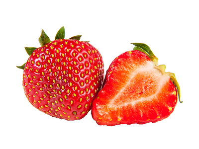 两个成熟的多汁草莓在白色背景下分离