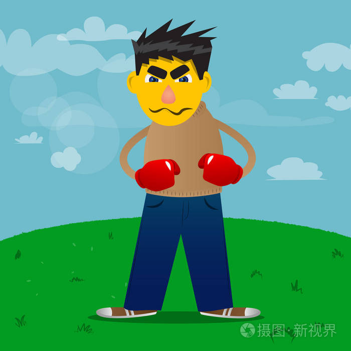 在他面前握着拳头的黄男人准备用拳击手套打架.动画片例证向量