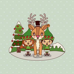 圣诞贺卡与圣诞树和侏儒儿童和驯鹿在五颜六色的风景背景山和雪在背景下落下