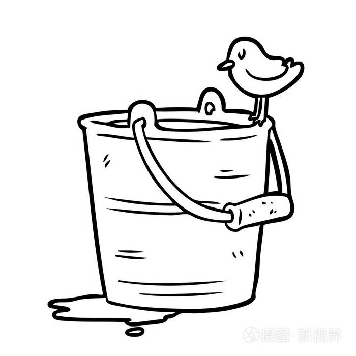 一只鸟的线条画看着水桶里的水