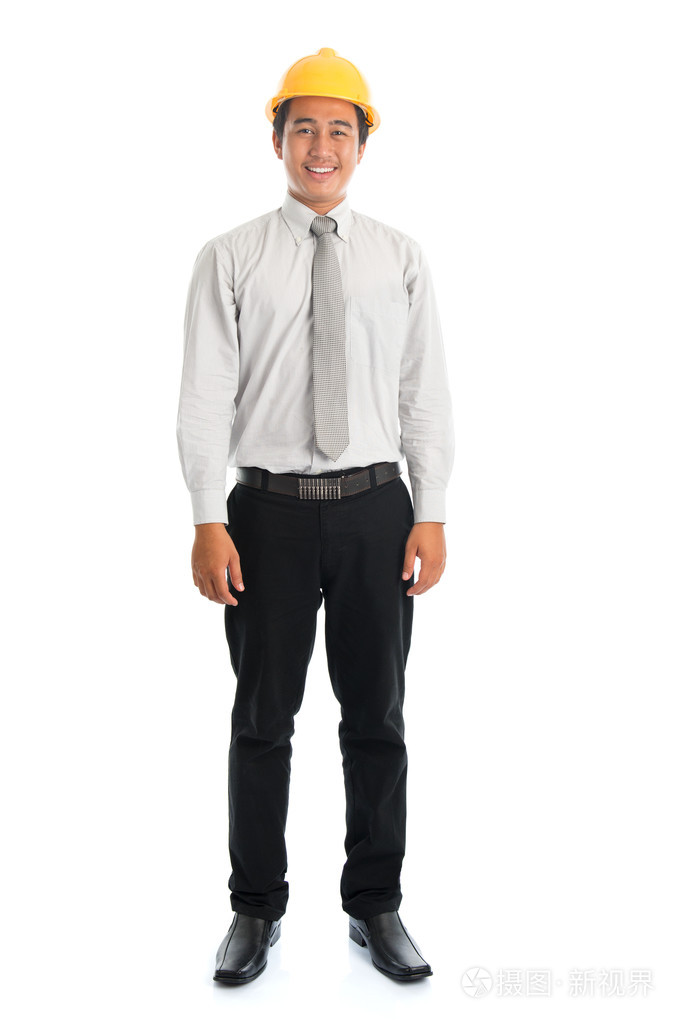 全身亚洲男性戴着黄色的安全帽
