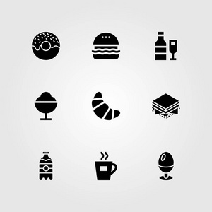食物和饮料矢量图标集。三明治, 羊角面包, 鸡蛋和茶