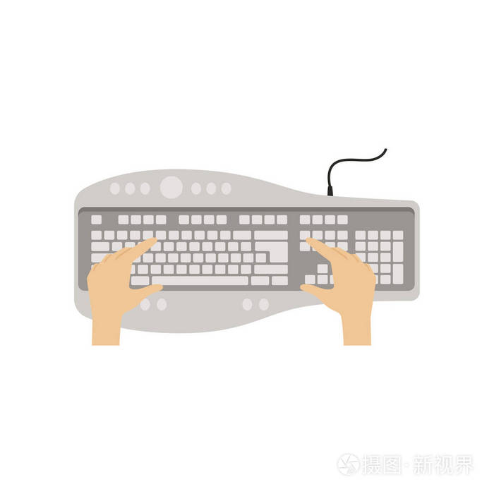 插画 手上的电脑键盘, 人使用计算机, 顶部视图矢量插图隔离在白色