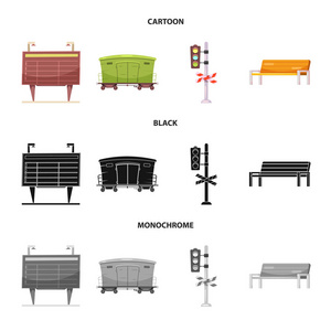 列车和车站标志的孤立对象。库存火车票矢量图标收藏