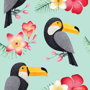 水彩插图的 toucanes, 热带花卉和树叶。无缝热带图案