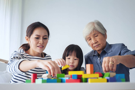 家庭中的多代女性成员玩木制立方体公司