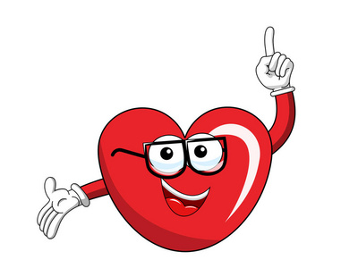 卡通吉祥物心脏眼镜手指上孤立照片