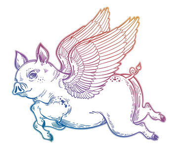 的插图的会飞的猪可爱的卡通微笑像蝴蝶矢量插图一样飞翔的河马字符阳