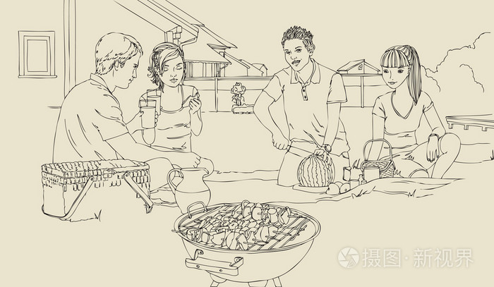 幸福的家庭和朋友有野餐和享受烧烤的室外组肖像插画-正版商用图片06x