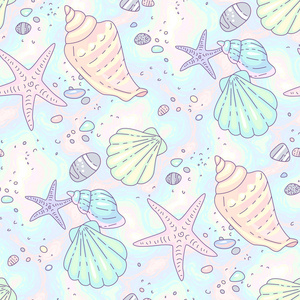 多色的贝壳, 海星和卵石在沙滩上.卡通风格的插图在珍珠的背景.